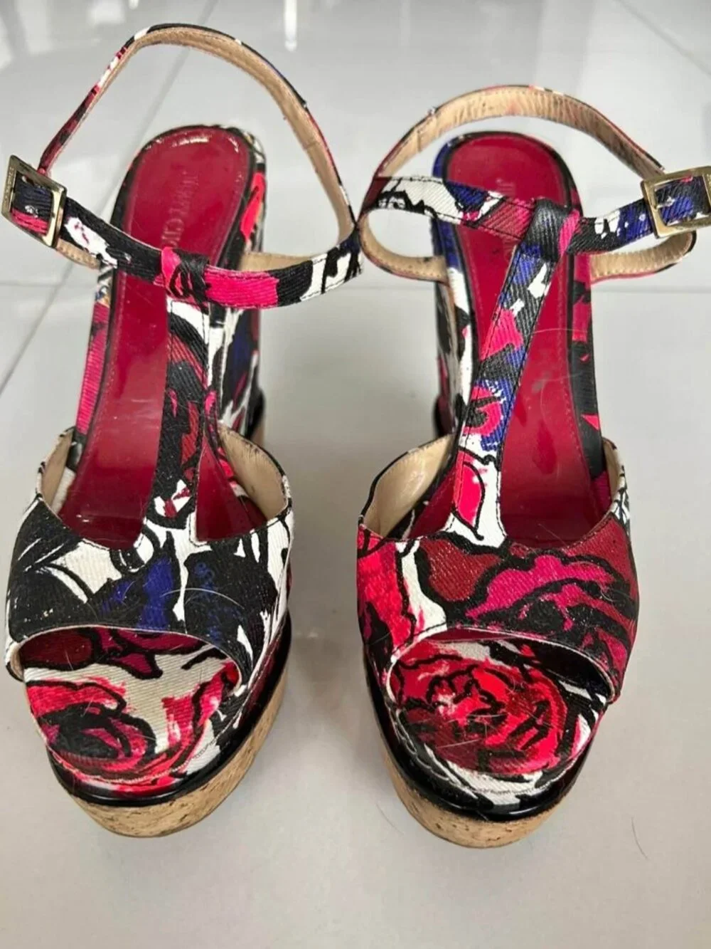 Jimmy Choo London Winter Rose wedge sandals -Pink/Blue/White/black Floral design